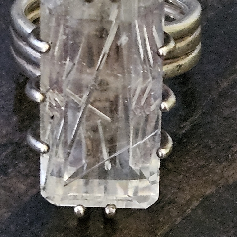 Vintage Huge Rutilated White Quartz Sterling Silver Ring - Picture 7 of 14
